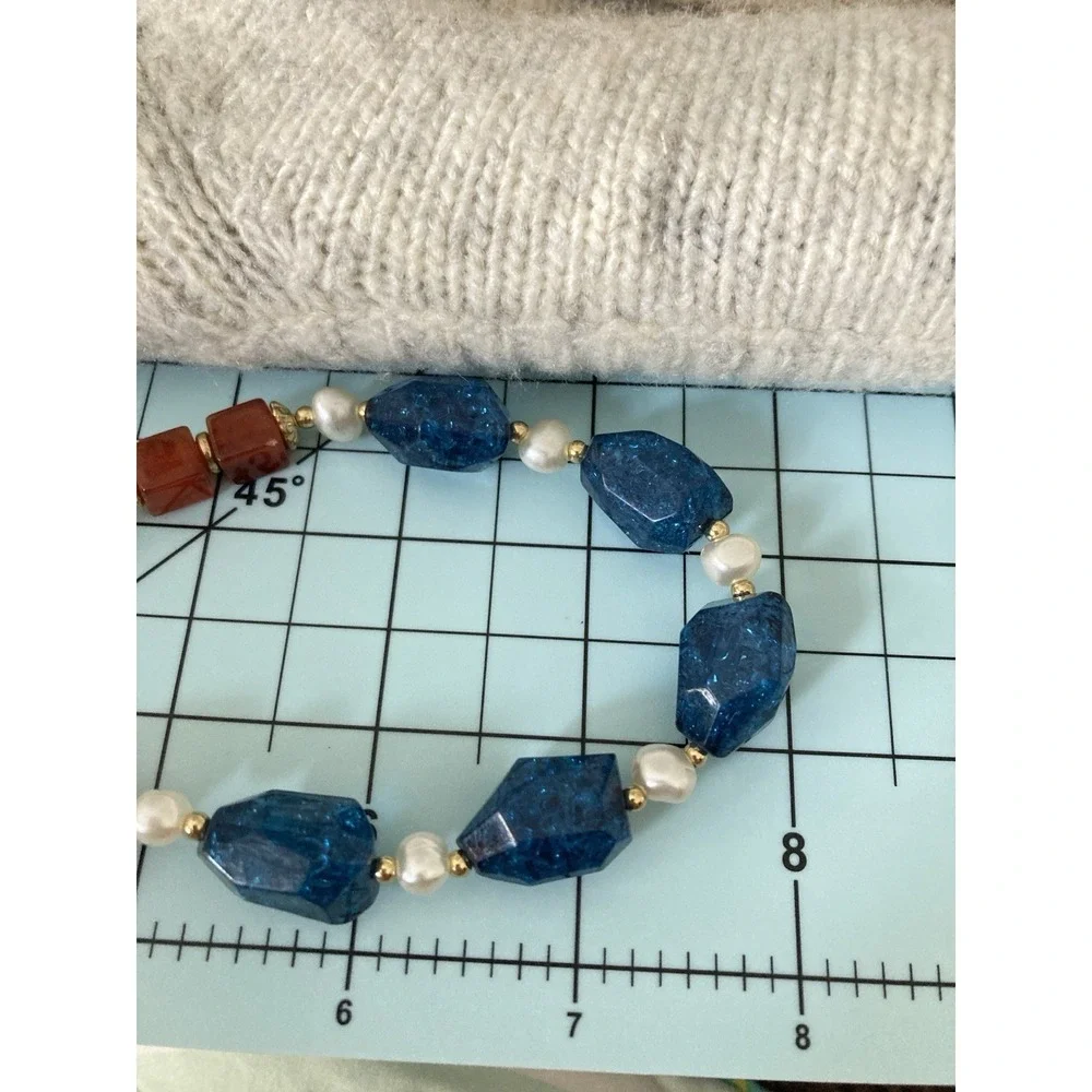 Beggars Beads Collar Necklace Blue Crackle Beads Faux Pearl Beaded Romantic Glam